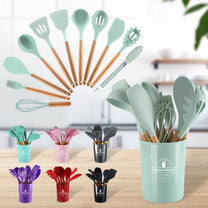 12 Pcs Silicone & Heat Resistant Spoons Set with Long Wooden Handle Kitchen Utensils Set