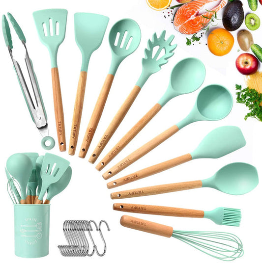 12 Pcs Silicone & Heat Resistant Spoons Set with Long Wooden Handle Kitchen Utensils Set